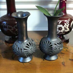 Pair of 6” Barro Negro black clay reticulated bud vases